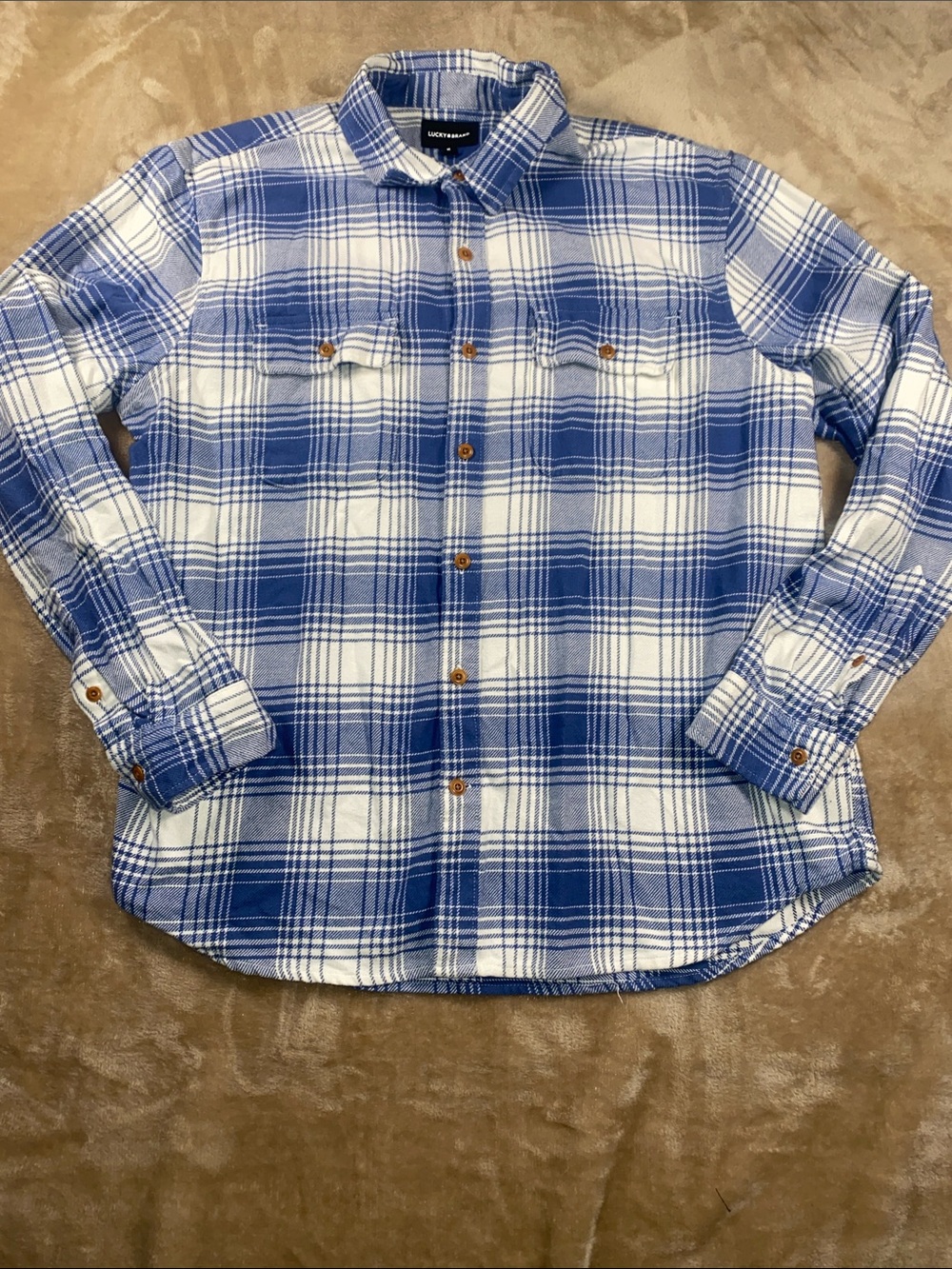 Lucky Brand Blue and White Plaid Flannel Button-Down Shirt